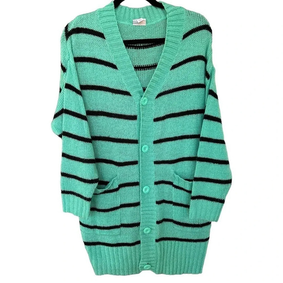 LulaRoe Women's Mint Green Black Stripes Knit Long Cardigan Sweater Size Medium - Picture 1 of 9